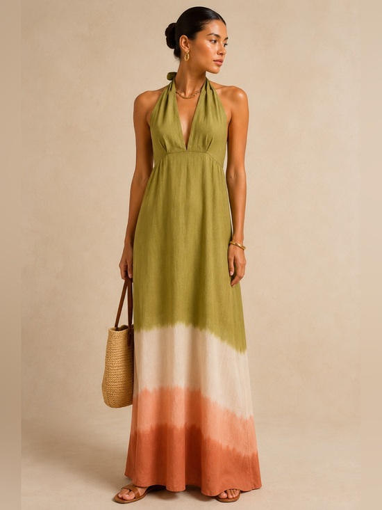 Massimo Dutti Dresses & Skirts - Massimo Dutti Olive Green Ombre Halter Maxi Dress